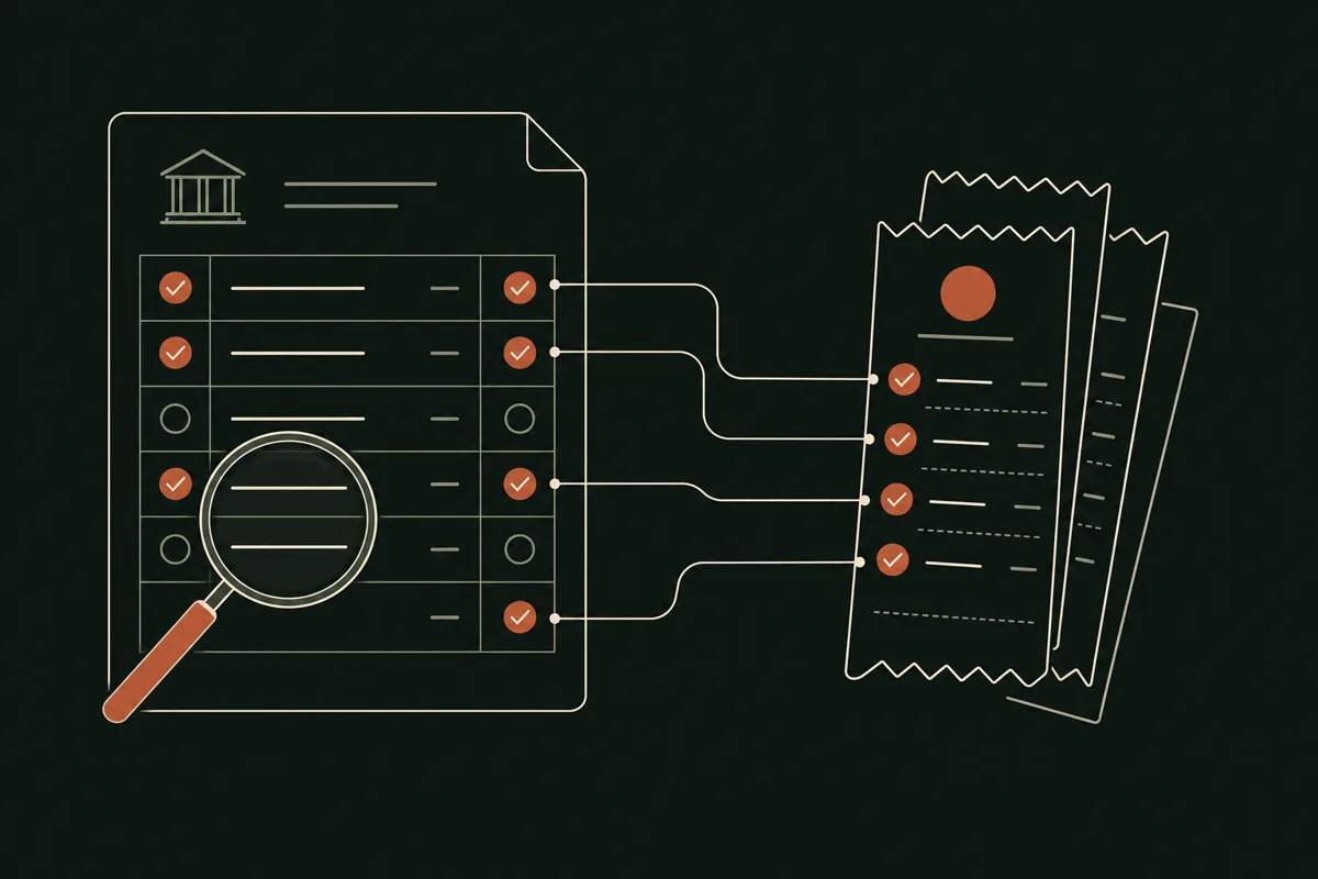 Illustration of a bank statement and receipts connected by matching lines with terracotta check marks and a magnifying glass